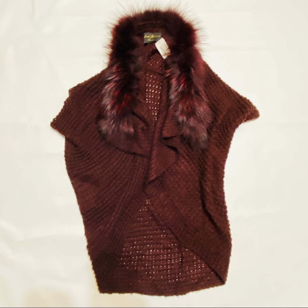 LINDA RICHARDS Burgundy Mohair Knit Shrug Raccoon Fur Collar Open Front Sweater